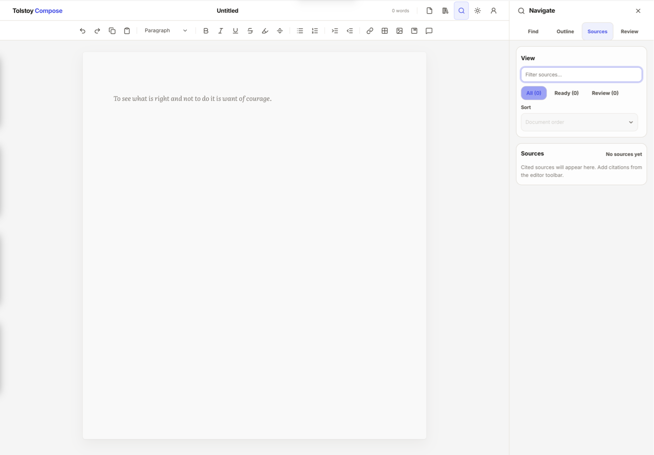 Tolstoy Compose writing editor with a clean document page and sources panel for citations and research