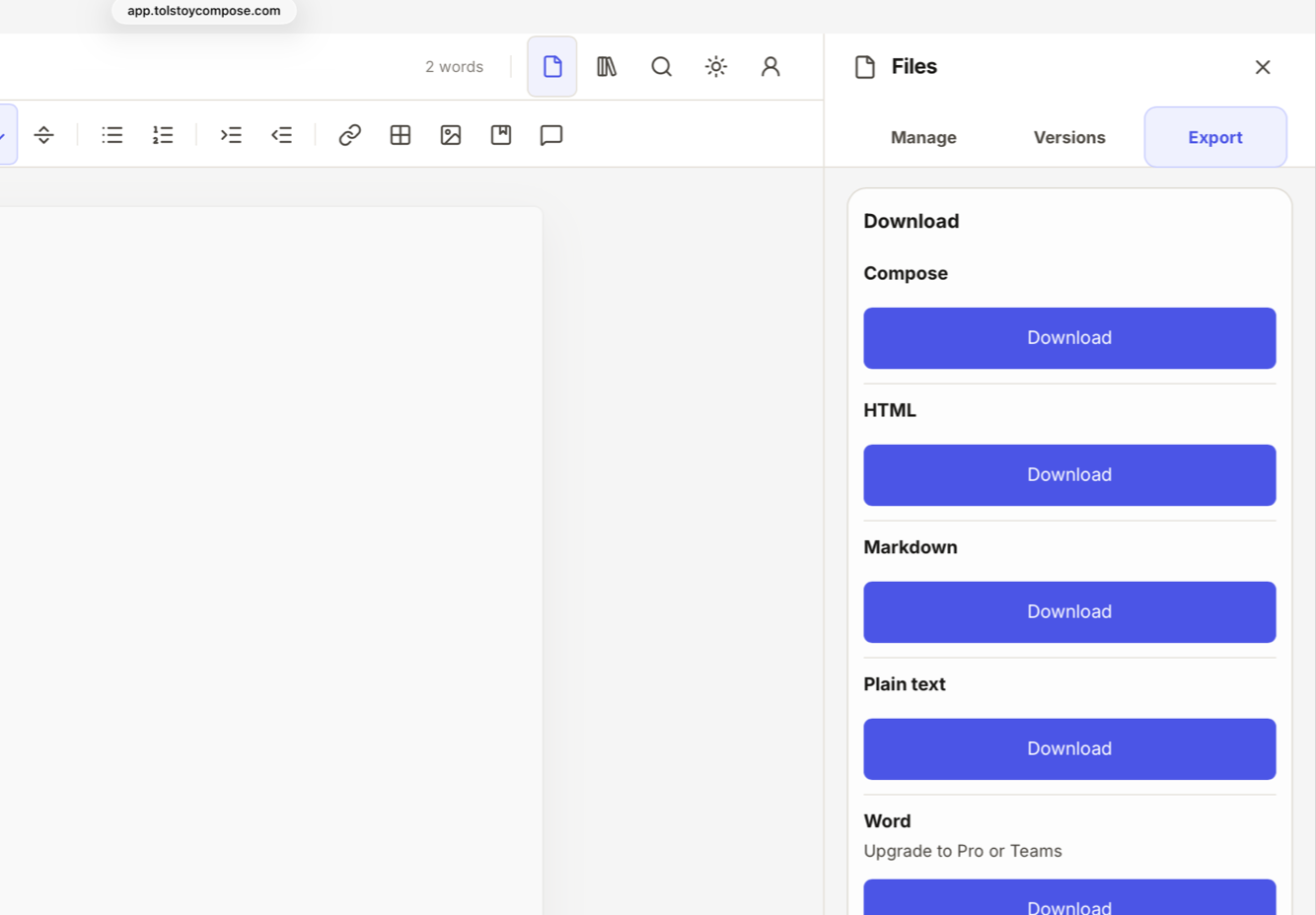Tolstoy Compose export panel with downloads for Compose, HTML, Markdown, plain text and Word documents